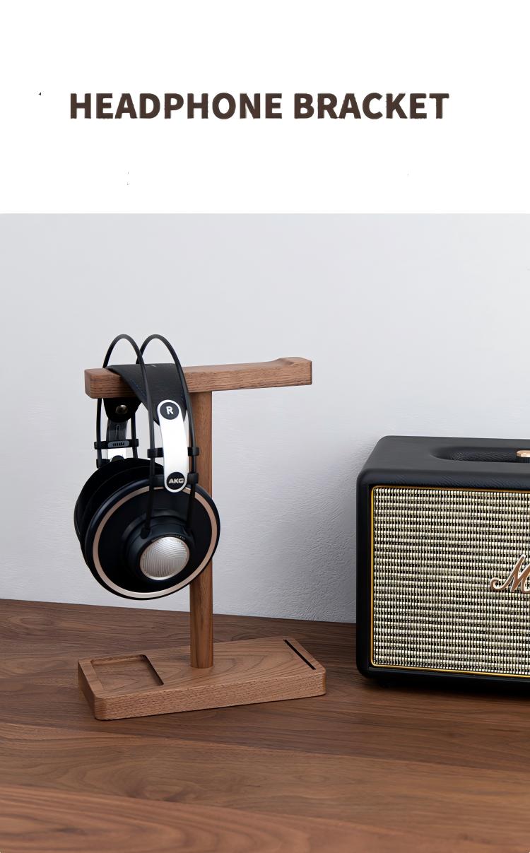 Desk setup with black walnut headphone stand and accessories