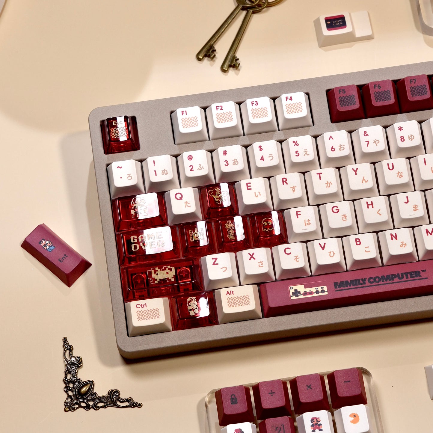 Family Computer Retro Style Keycap Set with Game Icons – 141 Keys + 26 PC Transparent Keys