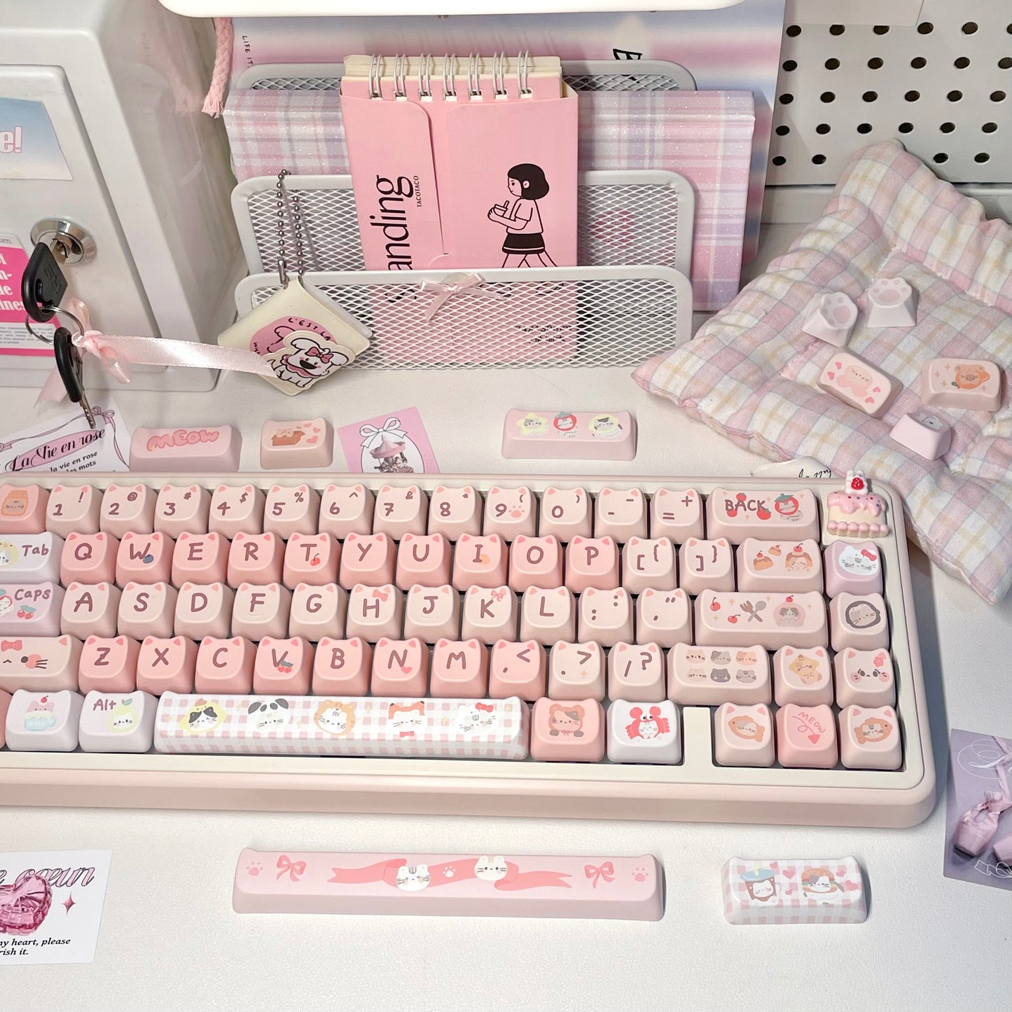 Cherry MX compatible keycaps with playful cat illustrations