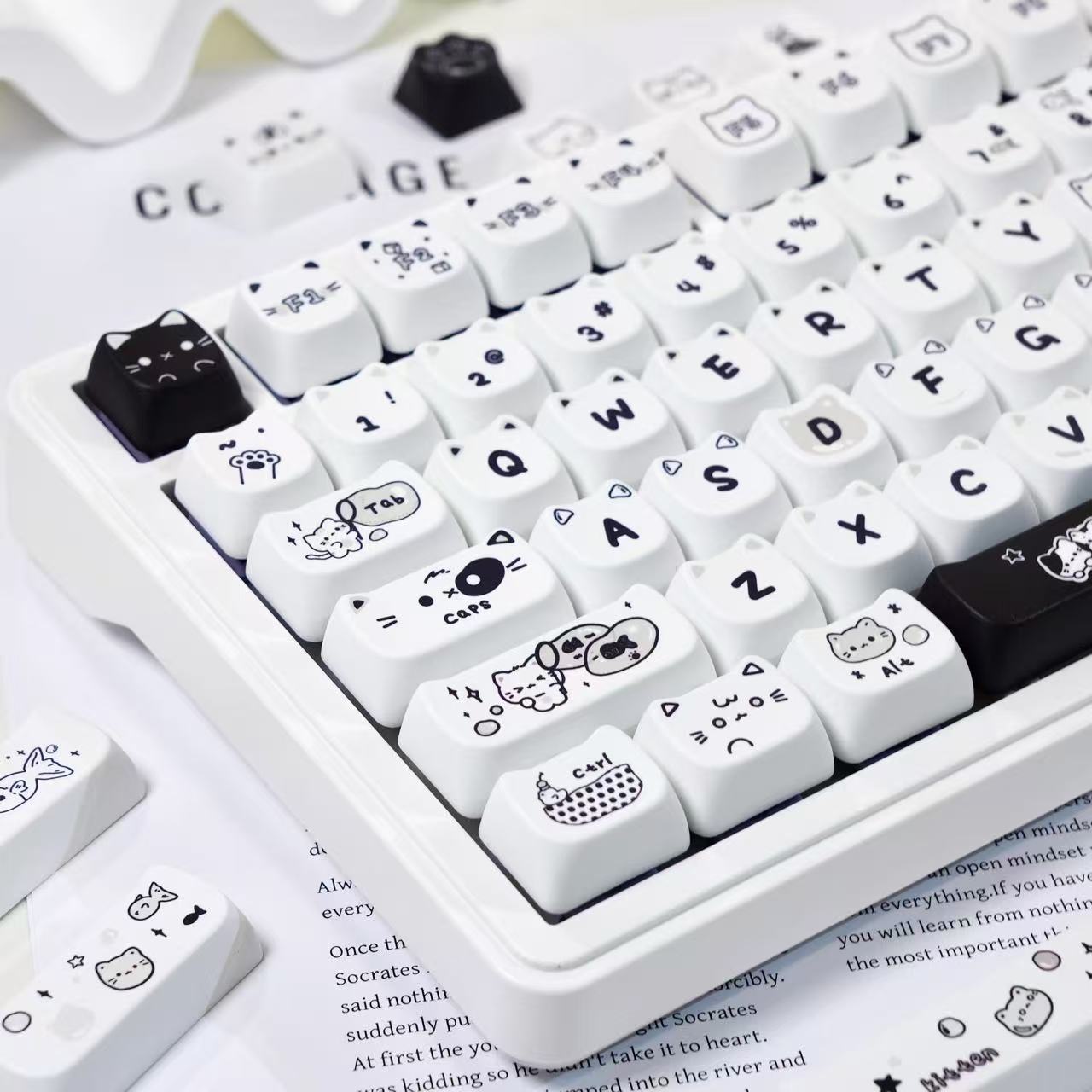 PBT dye-sublimated keycaps with minimalist cat illustrations