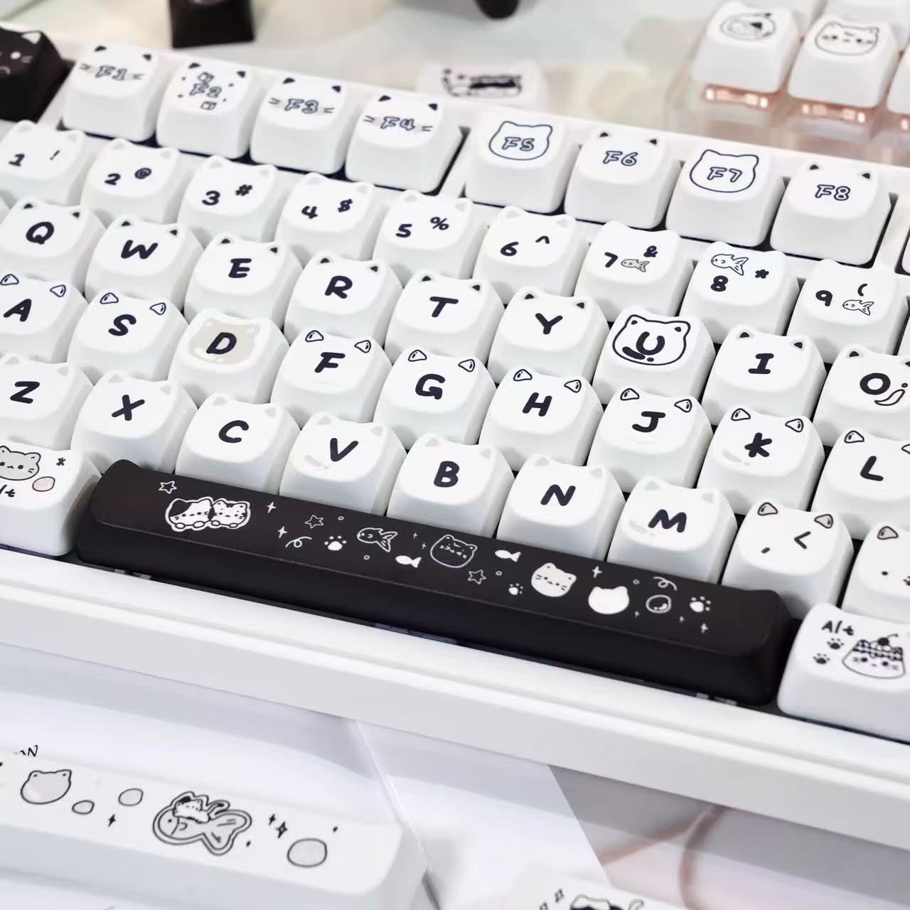 Full set of 140 MAO profile cat-themed keycaps on mechanical keyboard