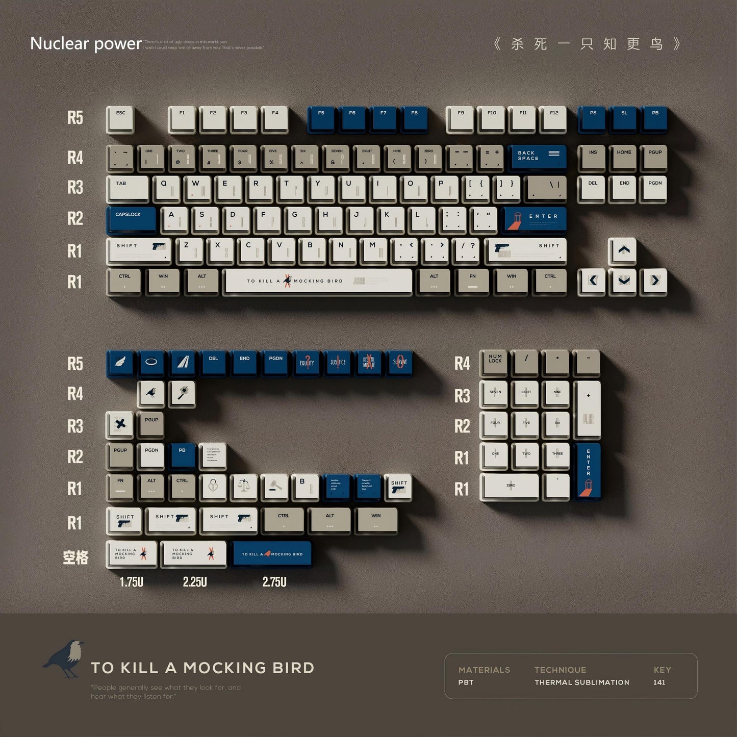 "To Kill a Mockingbird keycap set with side-engraved legends in cream and navy blue, 130-key layout shown."