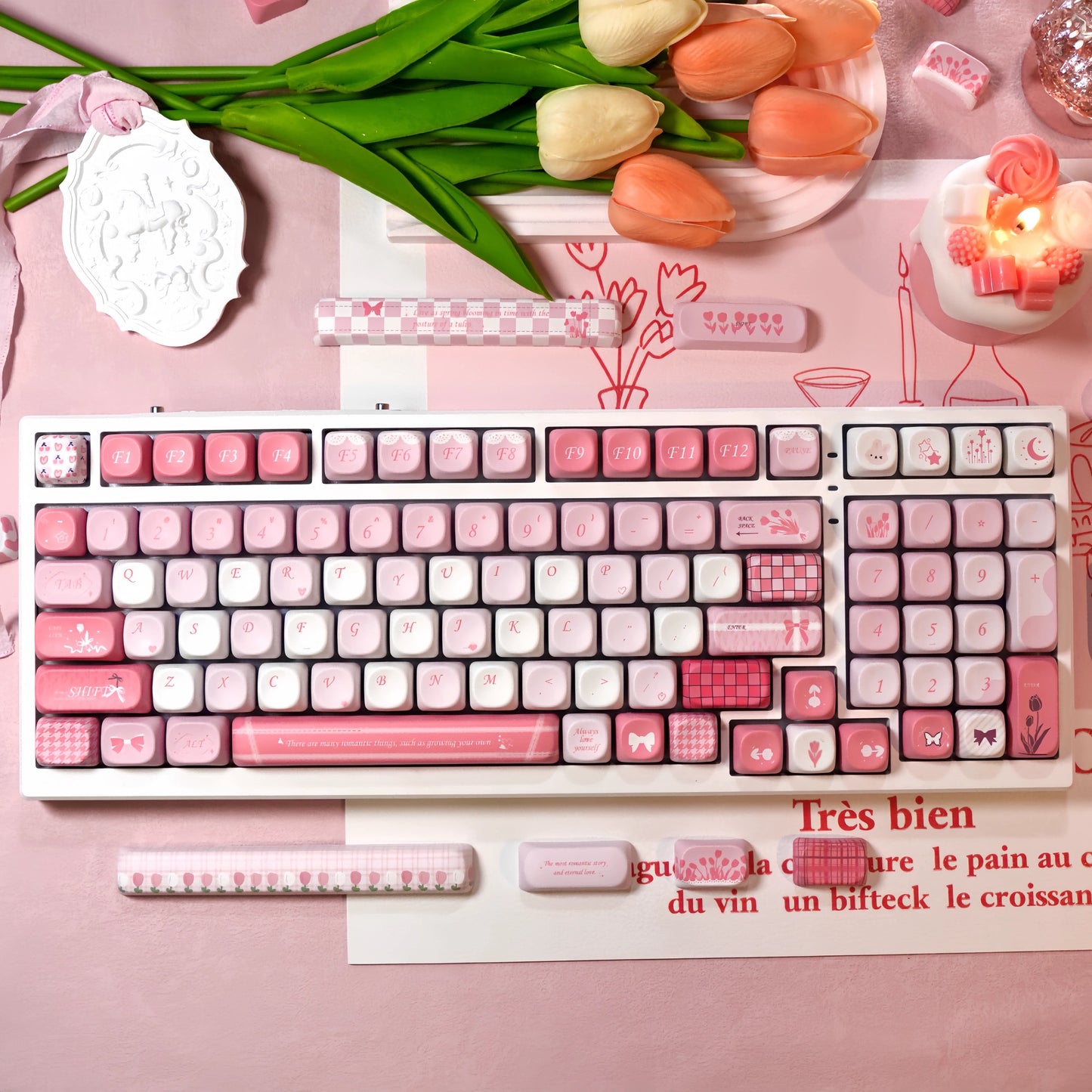 MOA Profile Tulip PBT keycap set with 140 pastel pink and white keys in floral aesthetic theme