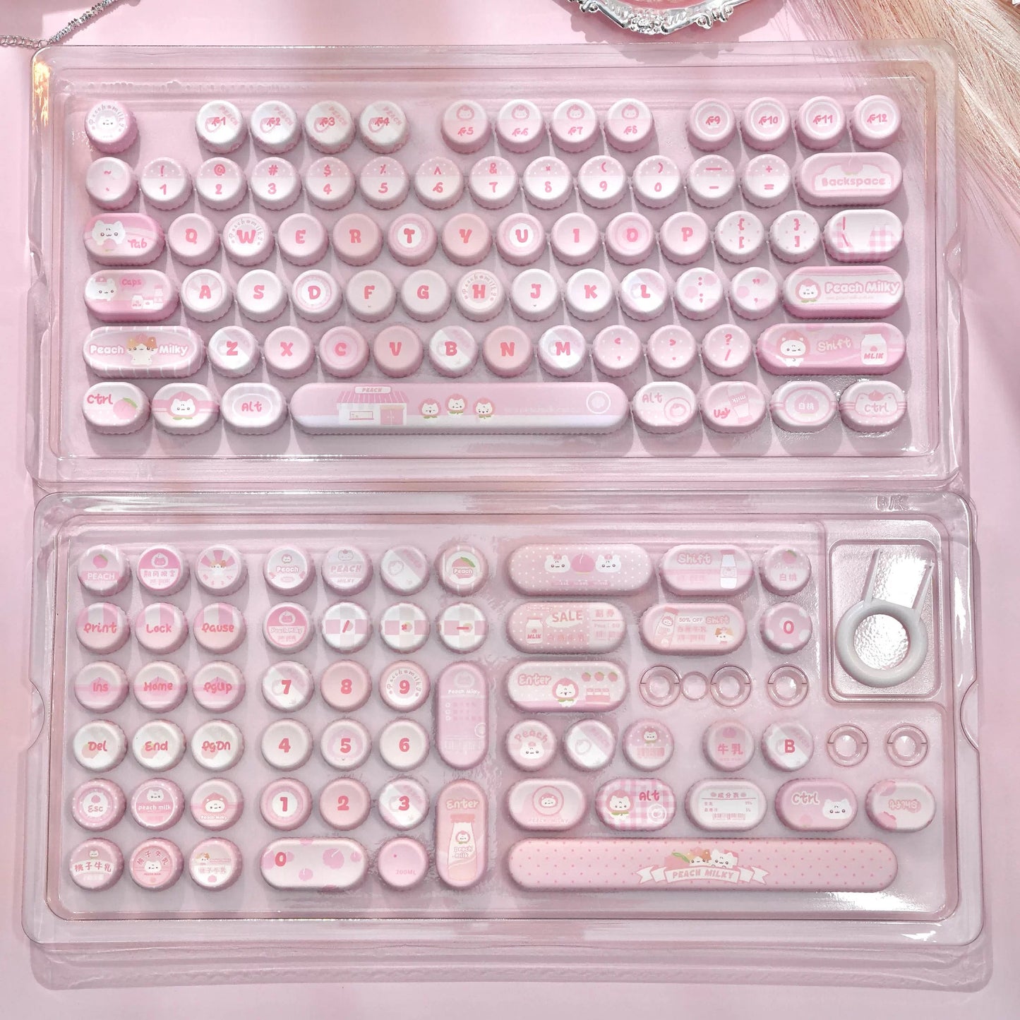 NOG Profile White Peach Milk Keycaps – Pink Theme Five-Side Dye-Sublimated PBT Cute Keycaps for Mechanical Keyboards