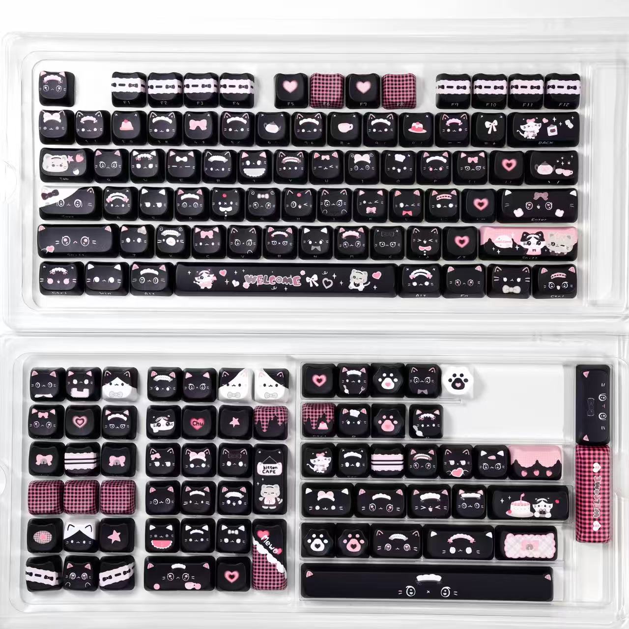 Maid Cat Keycap Set – 142 Keys MAO Profile Dye-Sub PBT Cute Cat Keycaps for Mechanical Keyboard