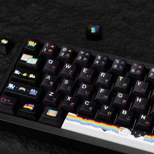 rainbow meow meow keycaps on mechanical keyboard transparent pc foggy rgb glow rainbow cat pastel setup 2025