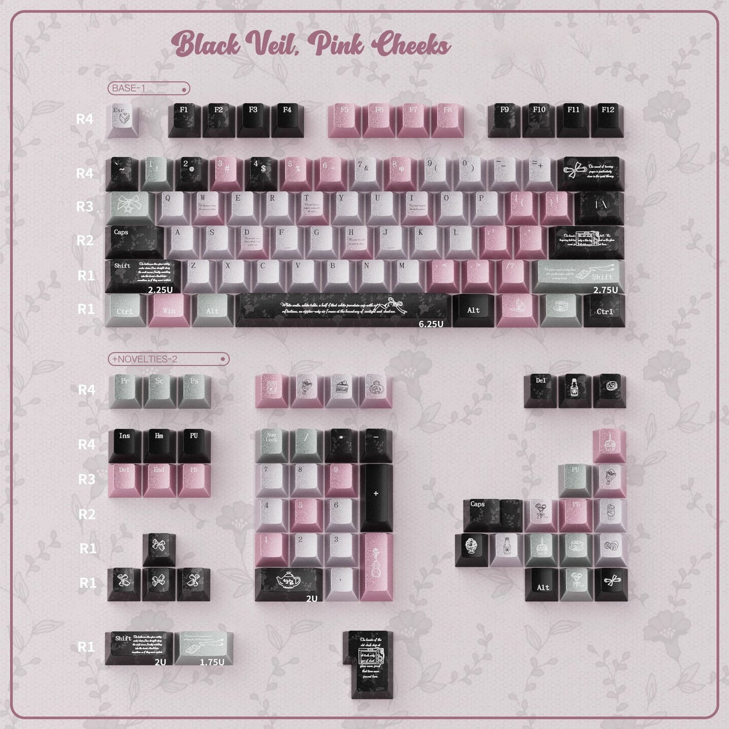 Black Veil, Pink Cheeks Aesthetic Keycaps - Metallic Edition | Sweet Gothic PBT Keycaps for Custom Keyboards