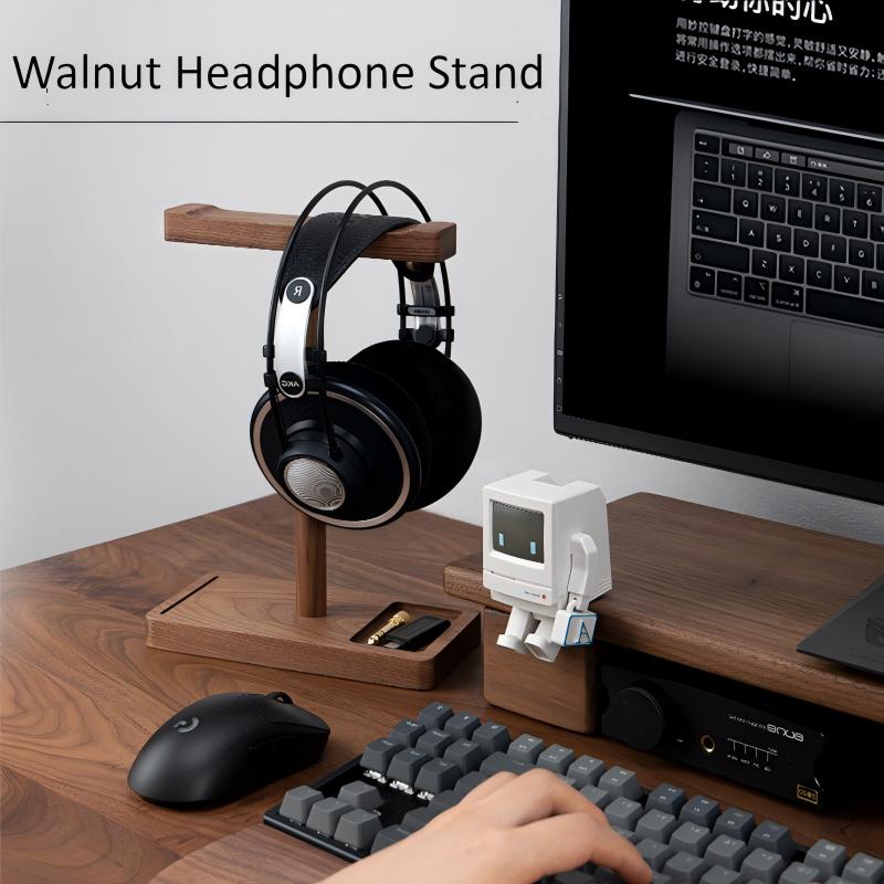 Desk setup with black walnut headphone stand and accessories