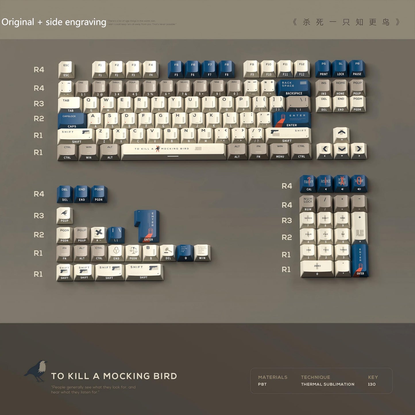 "To Kill a Mockingbird keycap set with side-engraved legends in cream and navy blue, 130-key layout shown."