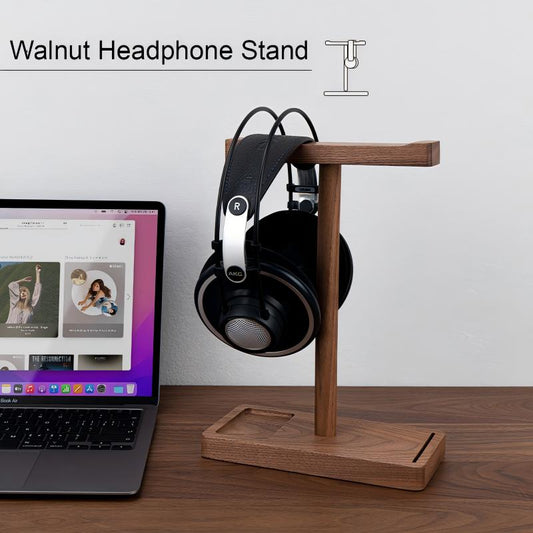 Desk setup with black walnut headphone stand and accessories