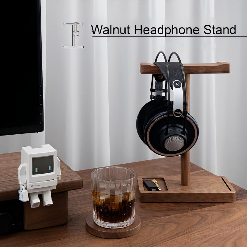 Solid walnut wood headphone stand with AKG headset