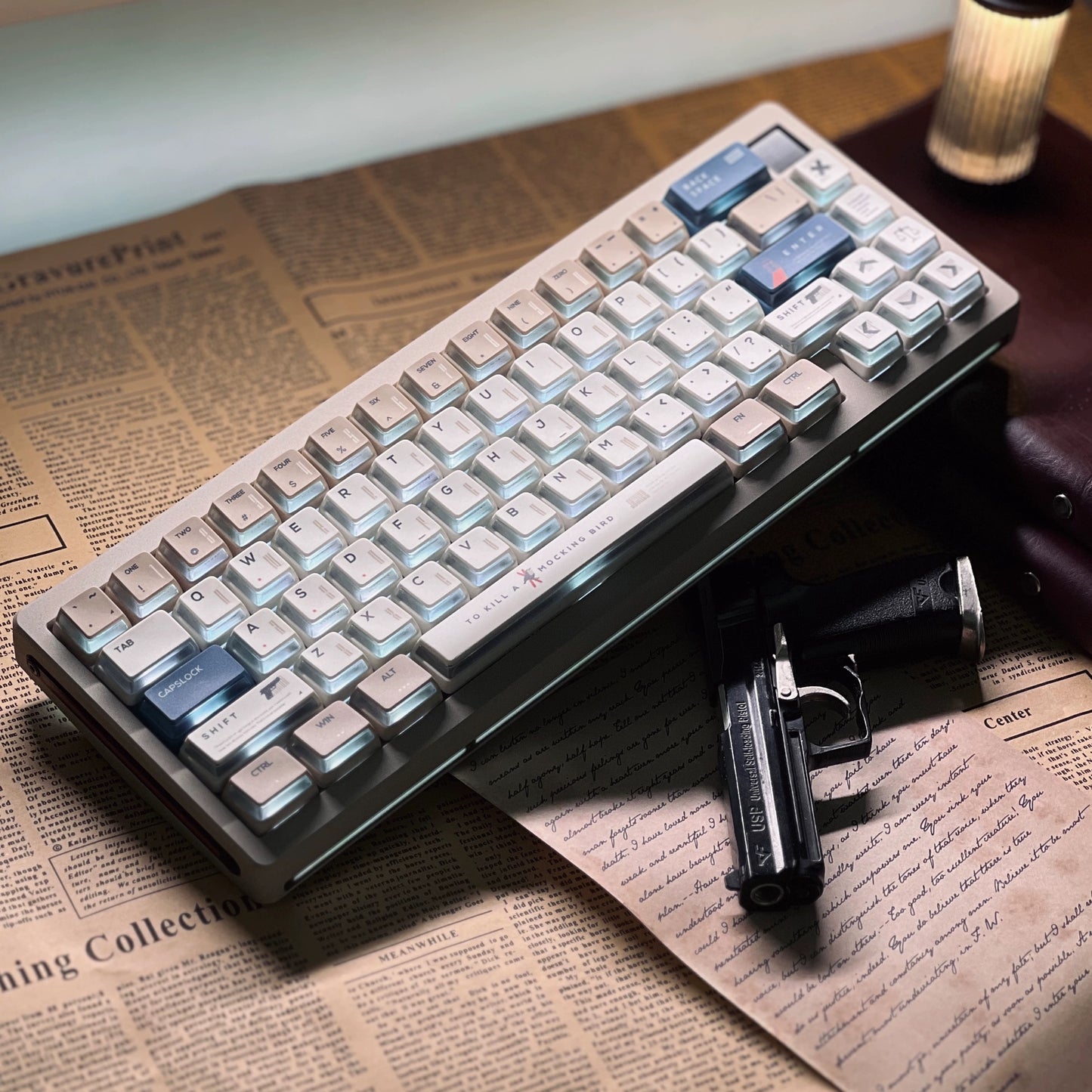 "Side-engraved PBT keycap set in literary-inspired navy and cream color scheme"