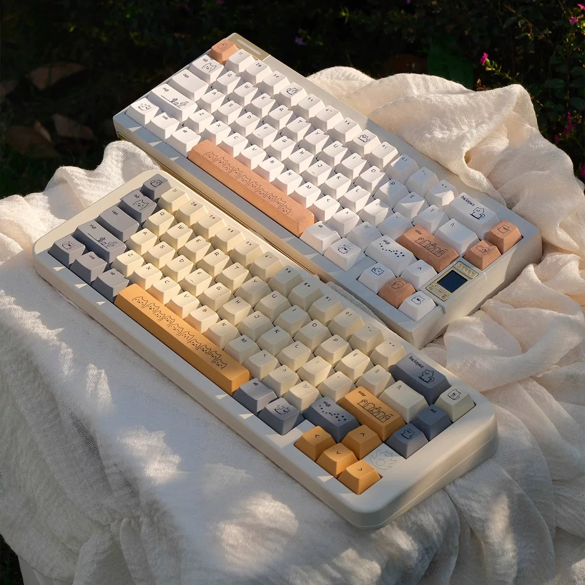 Dune Cat Keycaps Set – 144 Keys Cream & Caramel PBT Dye-Sub, OEM Profile, Alice Layout Compatible