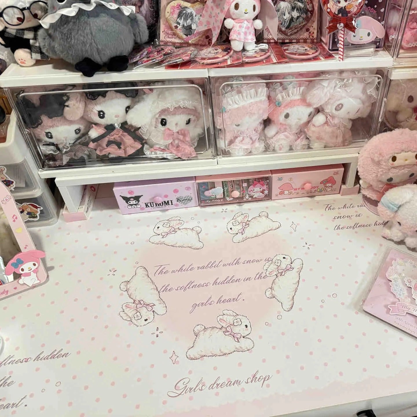 Snow Bunny Heart Desk Mat | Cute Polka Dot PU Leather Waterproof Desk Pad for Office & Home
