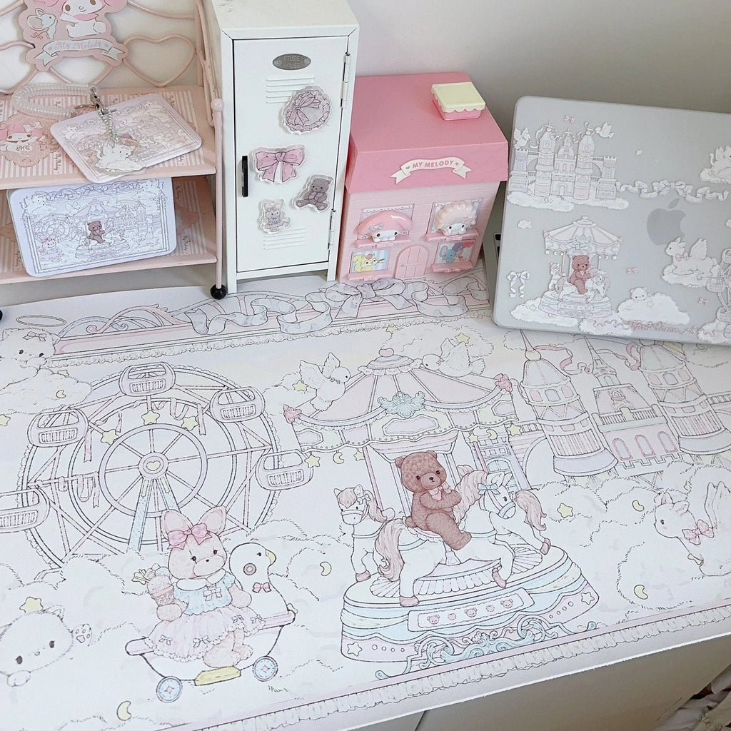 Cloud Carnival Desk Mat & Angel Cat Shaped Mouse Pad | Pastel Carousel PU Leather Waterproof Desk Pad for Office & Home