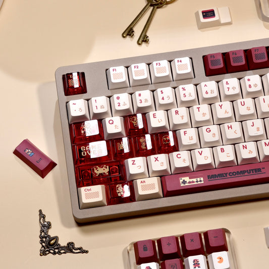 Family Computer Retro Style Keycap Set with Game Icons – 141 Keys + 26 PC Transparent Keys