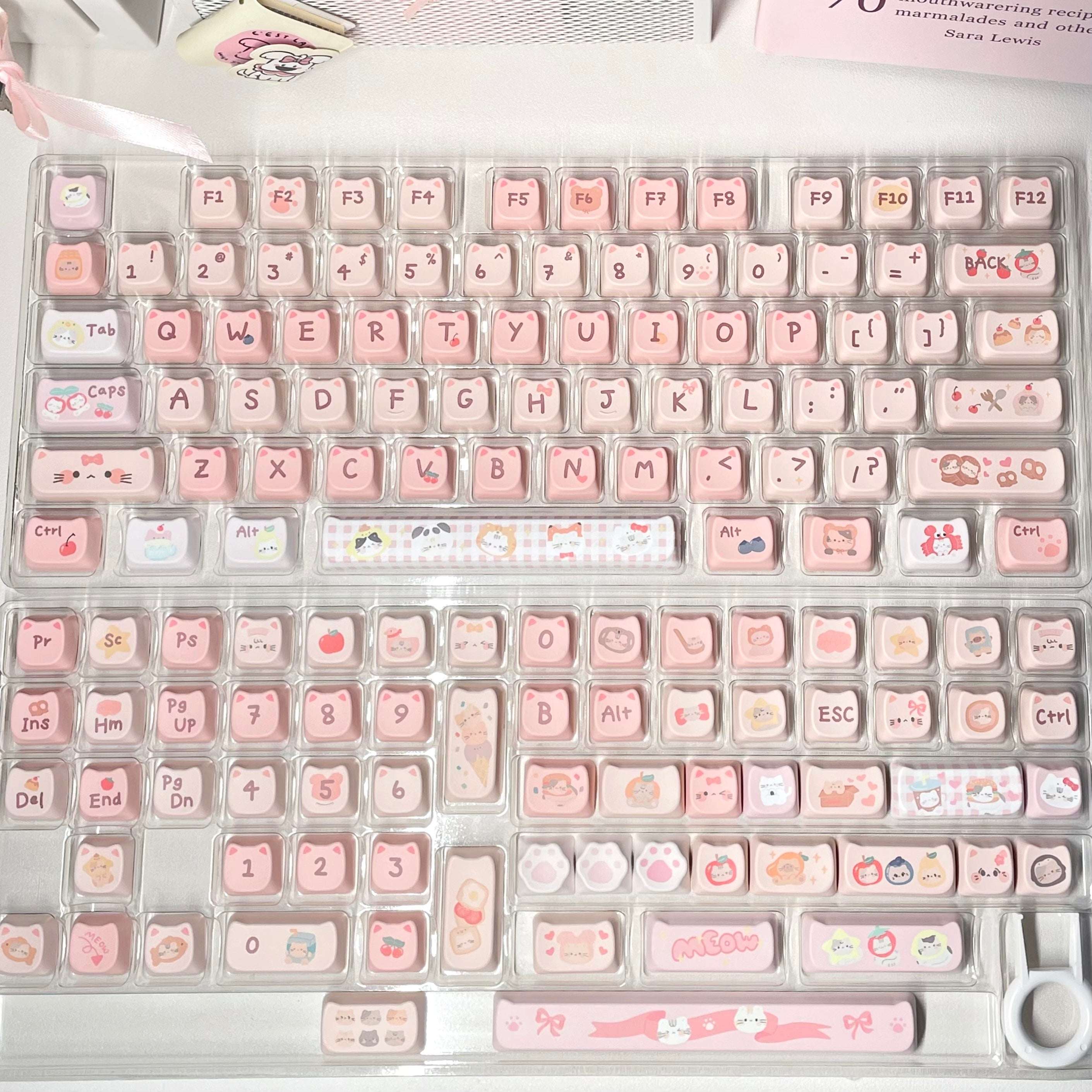 Side view of sculpted MAO profile cat keycaps on a white keyboard