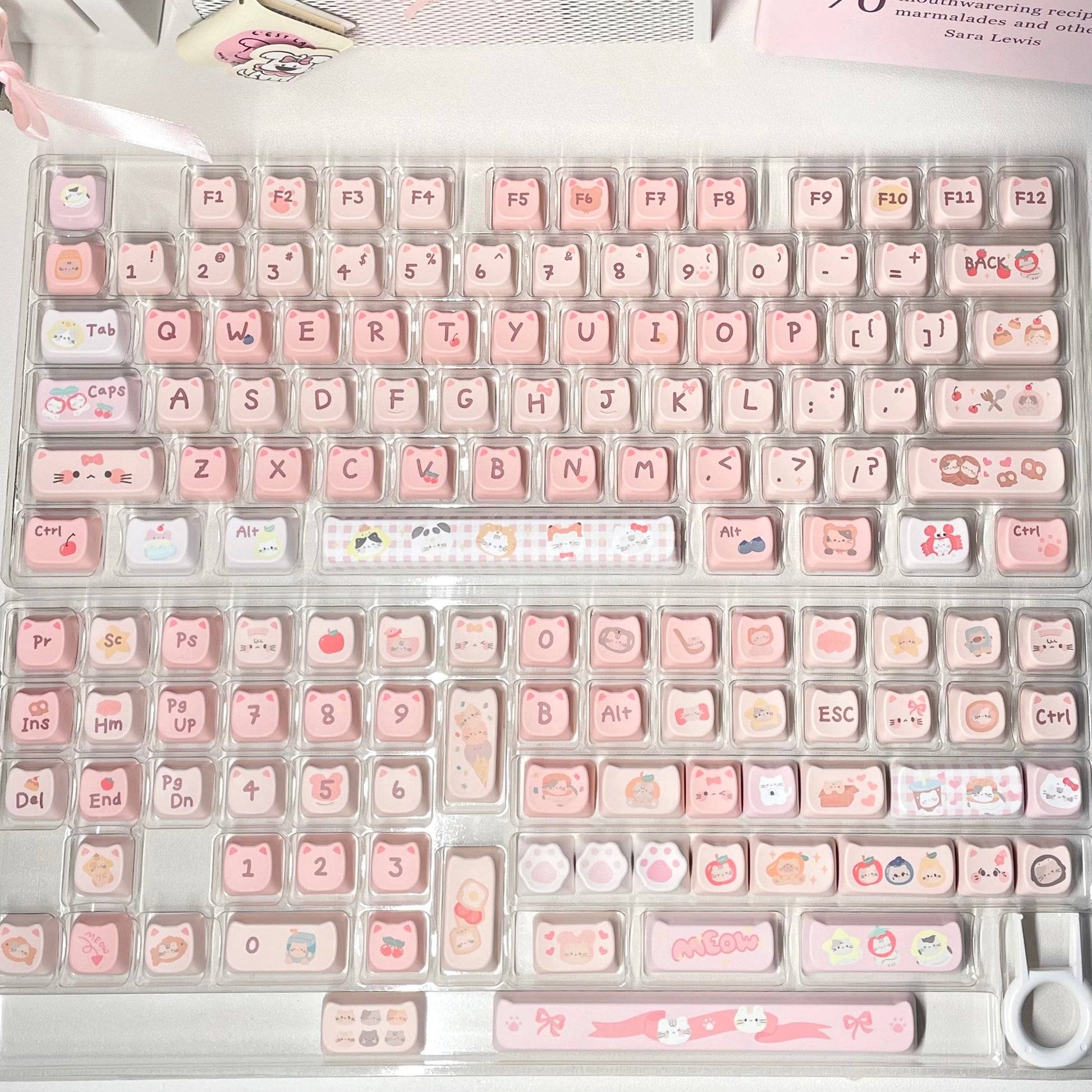 Side view of sculpted MAO profile cat keycaps on a white keyboard