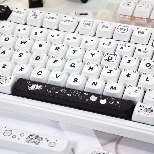 Full set of 140 MAO profile cat-themed keycaps on mechanical keyboard