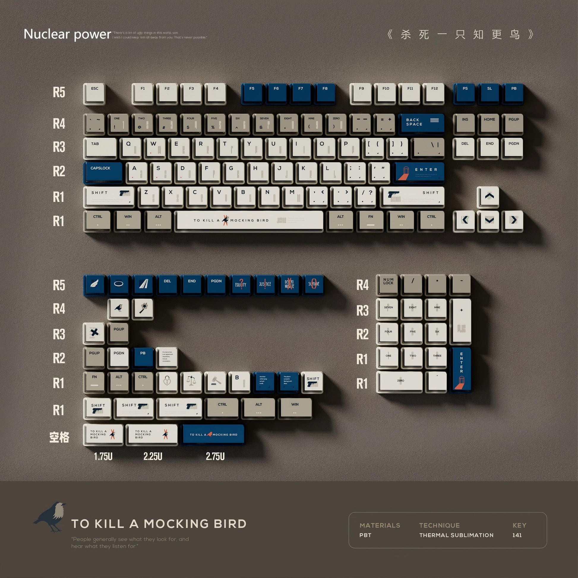 "To Kill a Mockingbird keycap set with side-engraved legends in cream and navy blue, 130-key layout shown."