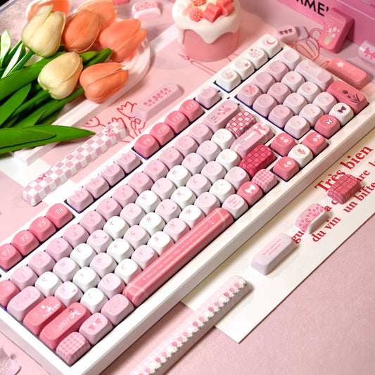 MOA Profile Tulip keycaps set – 140 pastel pink and white PBT keys on a mechanical keyboard with floral design
