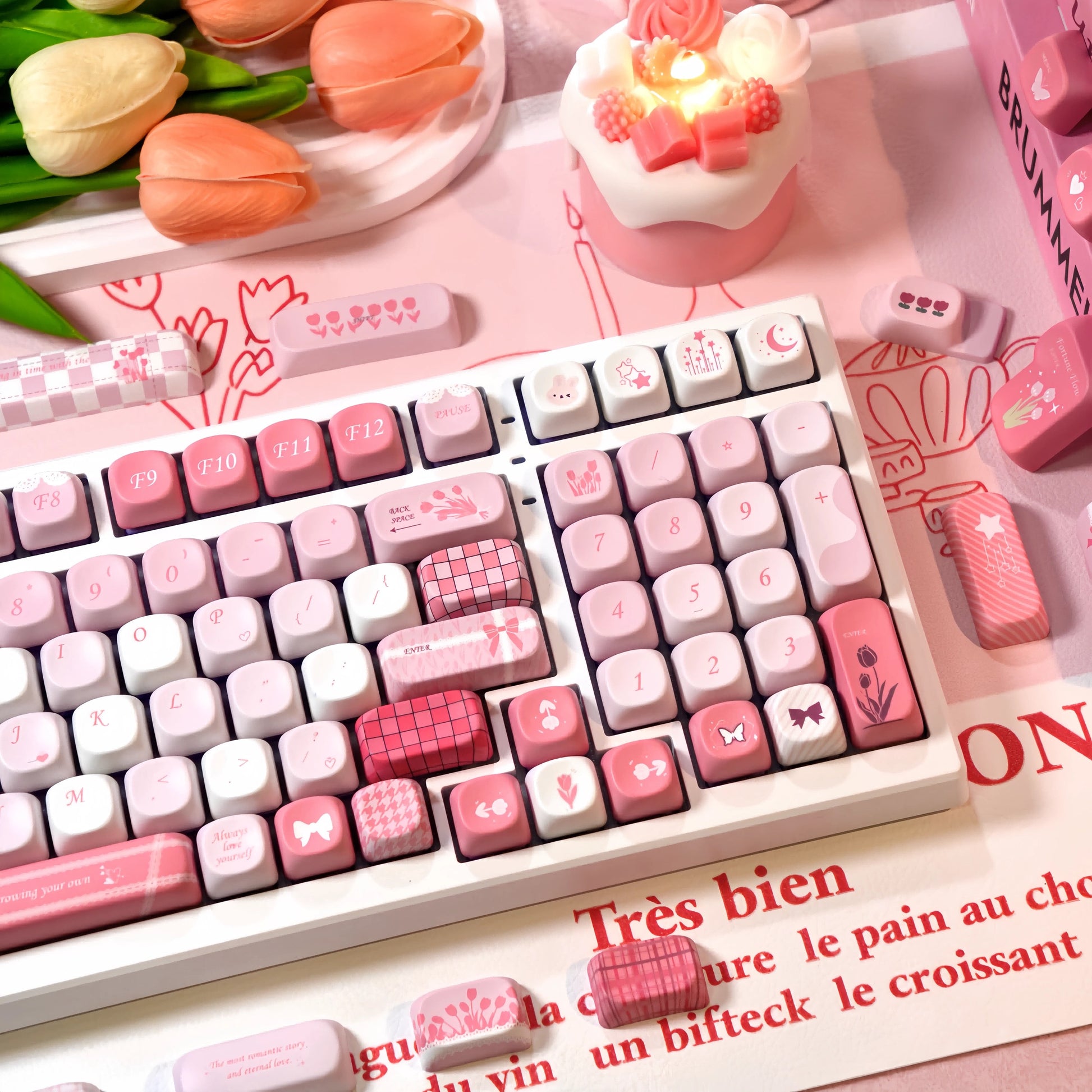 MOA Profile Tulip keycaps with detailed pink and white floral prints and kawaii icons
