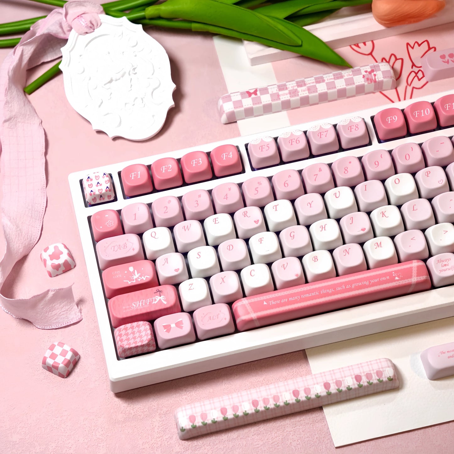 Full layout of MOA Profile Tulip pastel pink and white PBT keycap set for mechanical keyboards