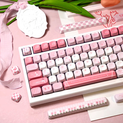 Full layout of MOA Profile Tulip pastel pink and white PBT keycap set for mechanical keyboards