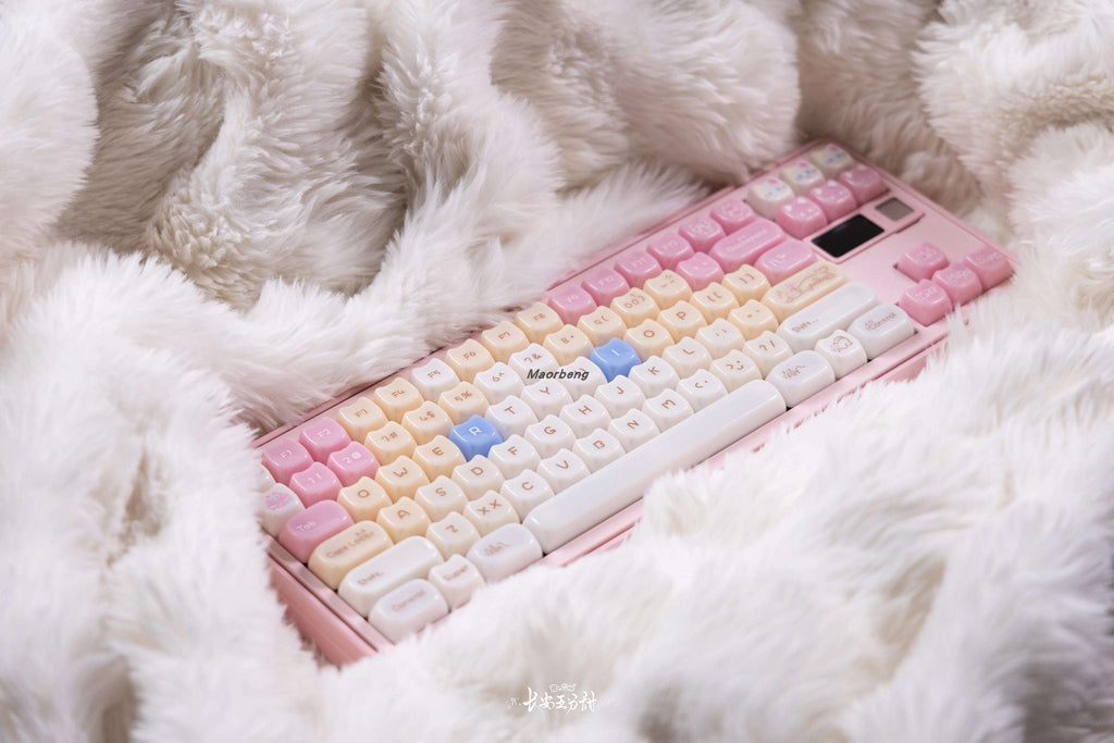 Detail shot of translucent pastel cute theme legends on MAO profile keycaps