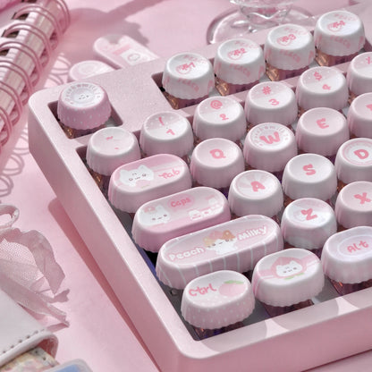 Side view of pink pastel NOG profile PBT keycaps with kawaii theme