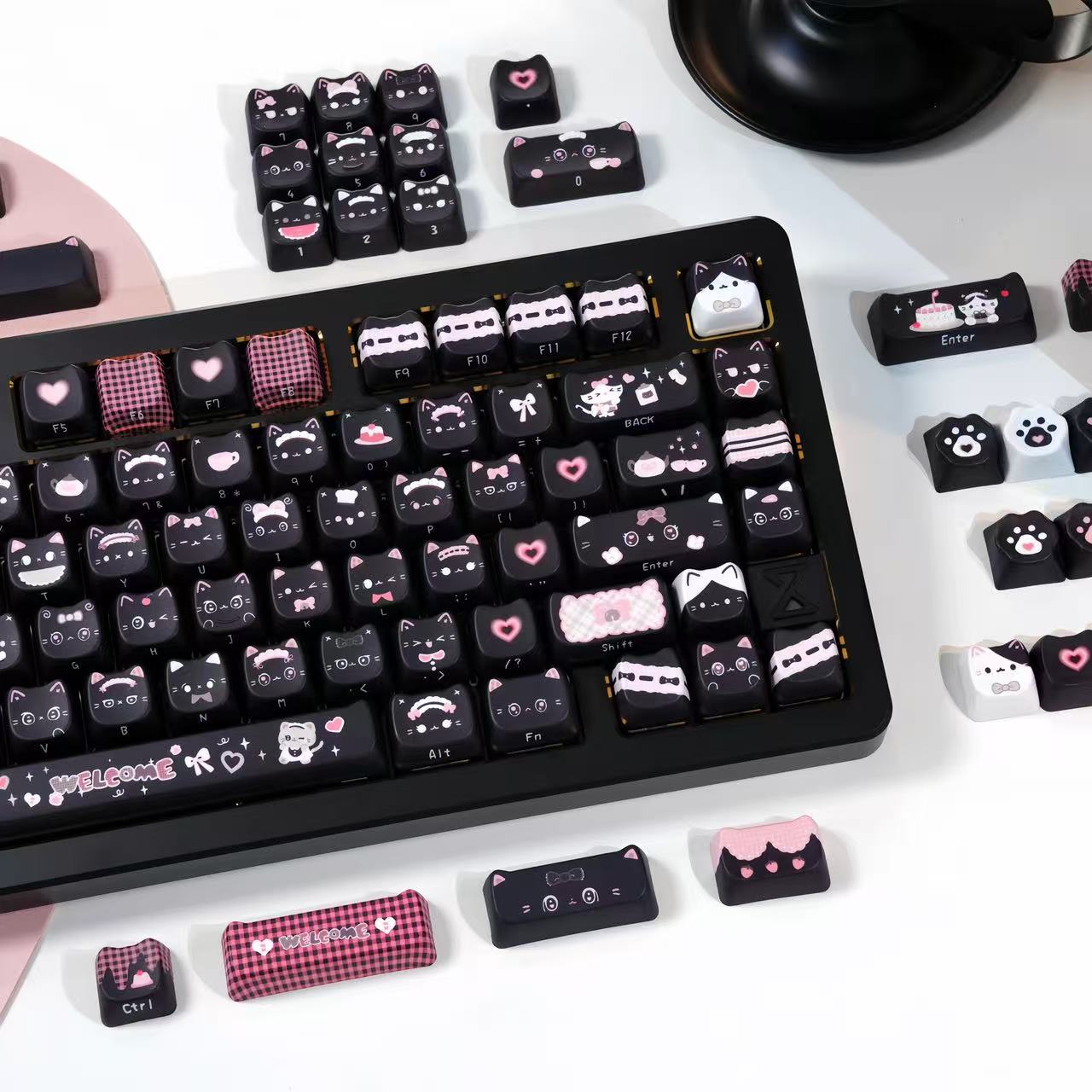 kawaii desk setup with maid cat PBT keycap set