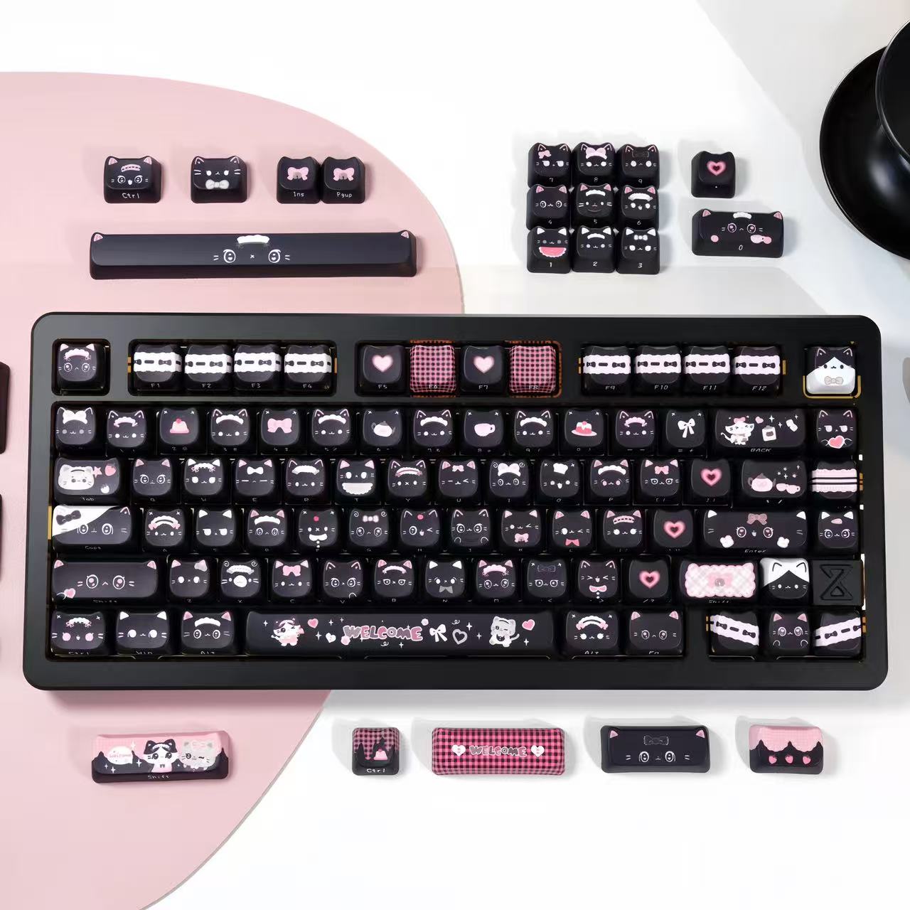 Maid Cat Keycap Set – 142 Keys MAO Profile Dye-Sub PBT Cute Cat Keycaps for Mechanical Keyboard