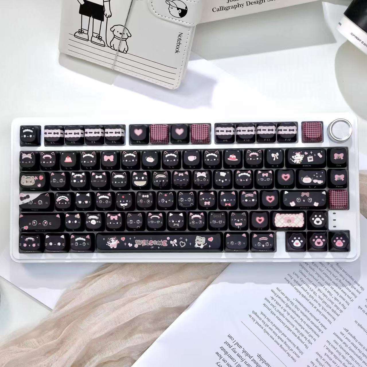 mechanical keyboard with maid cat theme keycaps