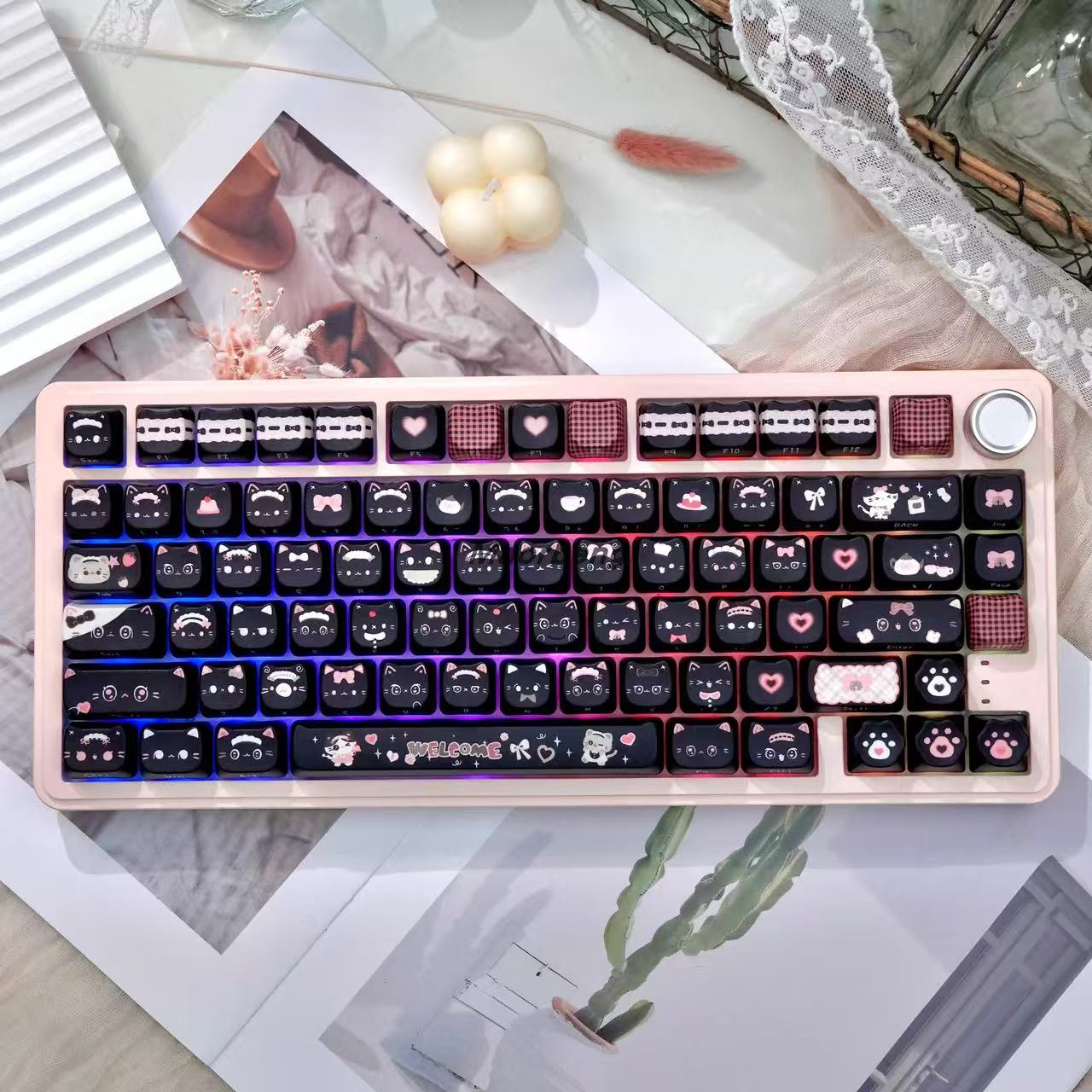 mechanical keyboard with maid cat theme keycaps