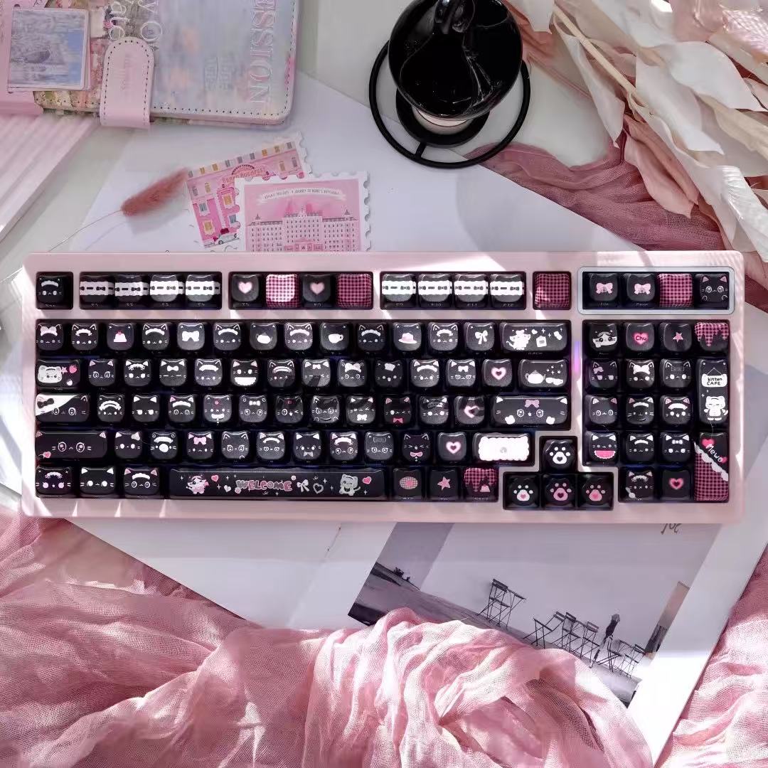 Maid Cat Keycap Set – 142 Keys MAO Profile Dye-Sub PBT Cute Cat Keycaps for Mechanical Keyboard