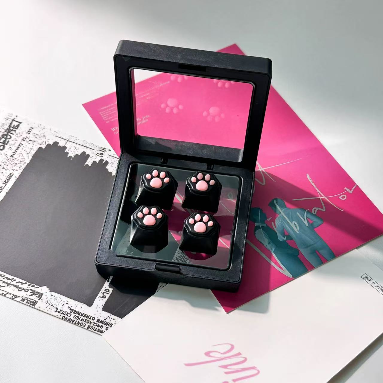 black and pink cat paw keycaps kawaii