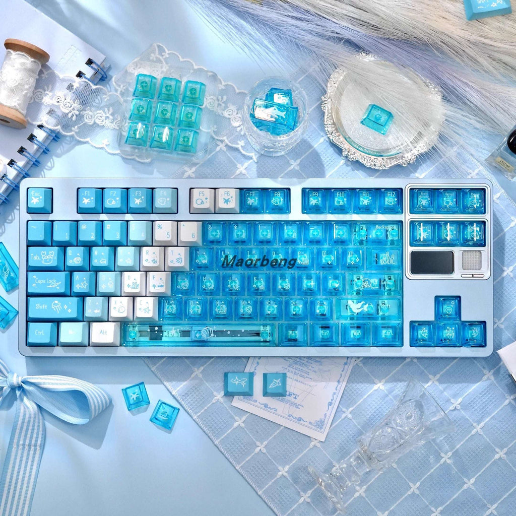 Cute kawaii style PBT PC keycaps in pink, purple, and blue for custom keyboards