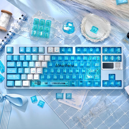 Cute kawaii style PBT PC keycaps in pink, purple, and blue for custom keyboards