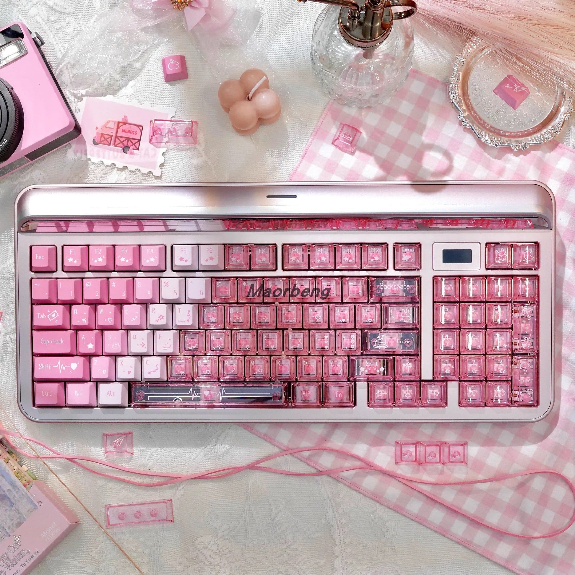 Pastel mechanical keyboard setup featuring crystal clear PC keycaps