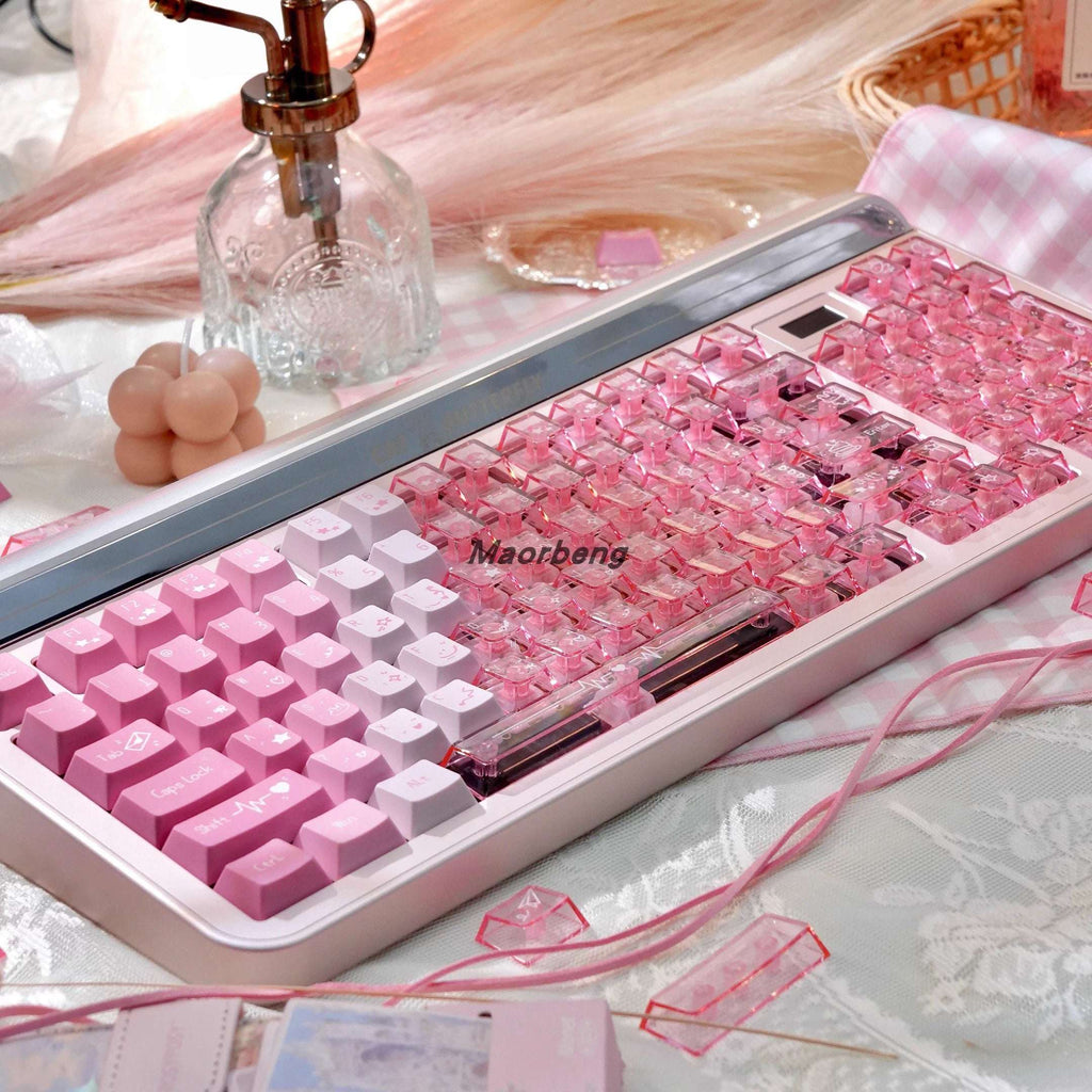 Pink cute mechanical keyboard keycaps featuring pastel kawaii designs