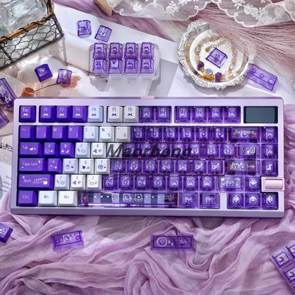 Purple pastel custom keycaps with clear PC housings for aesthetic desk setup