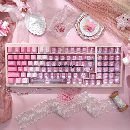 Pink pastel transparent keycap set with cute icons for mechanical keyboard