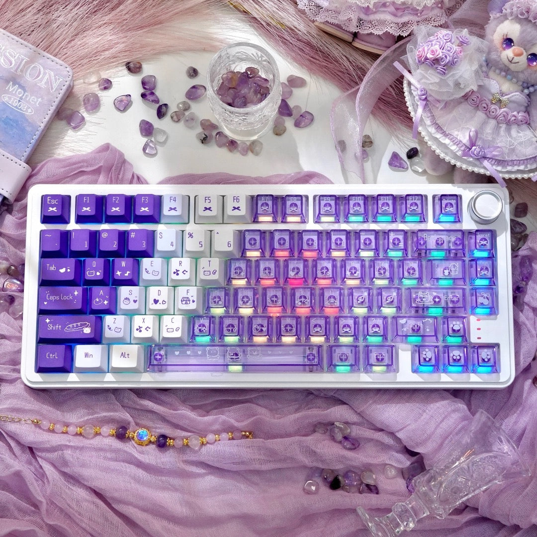 Purple amethyst dual-material keycaps for kawaii mechanical keyboard setup