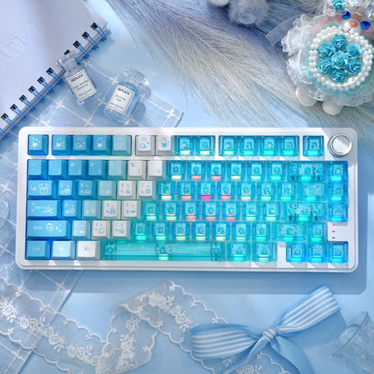 Blue transparent PBT+PC keycap set on mechanical keyboard, ocean-themed pastel design