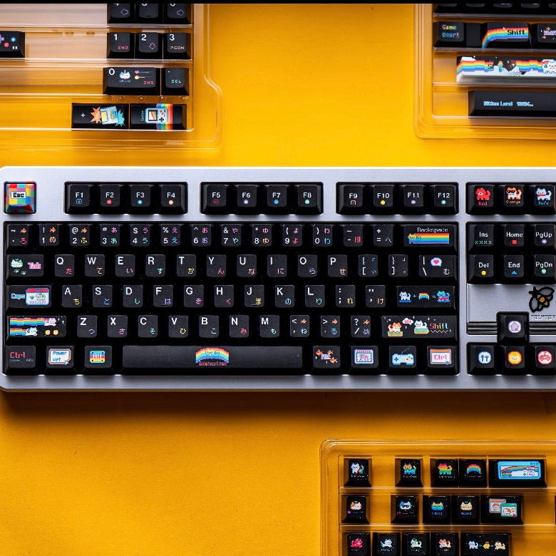 rainbow meow meow keycaps on mechanical keyboard transparent pc foggy rgb glow rainbow cat pastel setup 2025