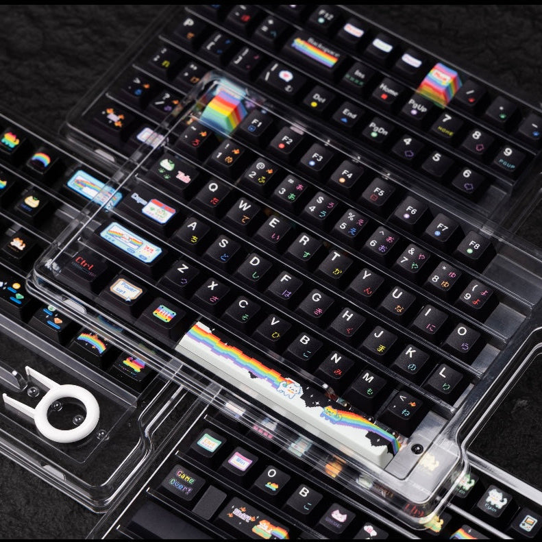 rainbow meow meow keycaps 2025 pbt pc transparent foggy dye-sub full set kawaii rainbow cat hearts clouds