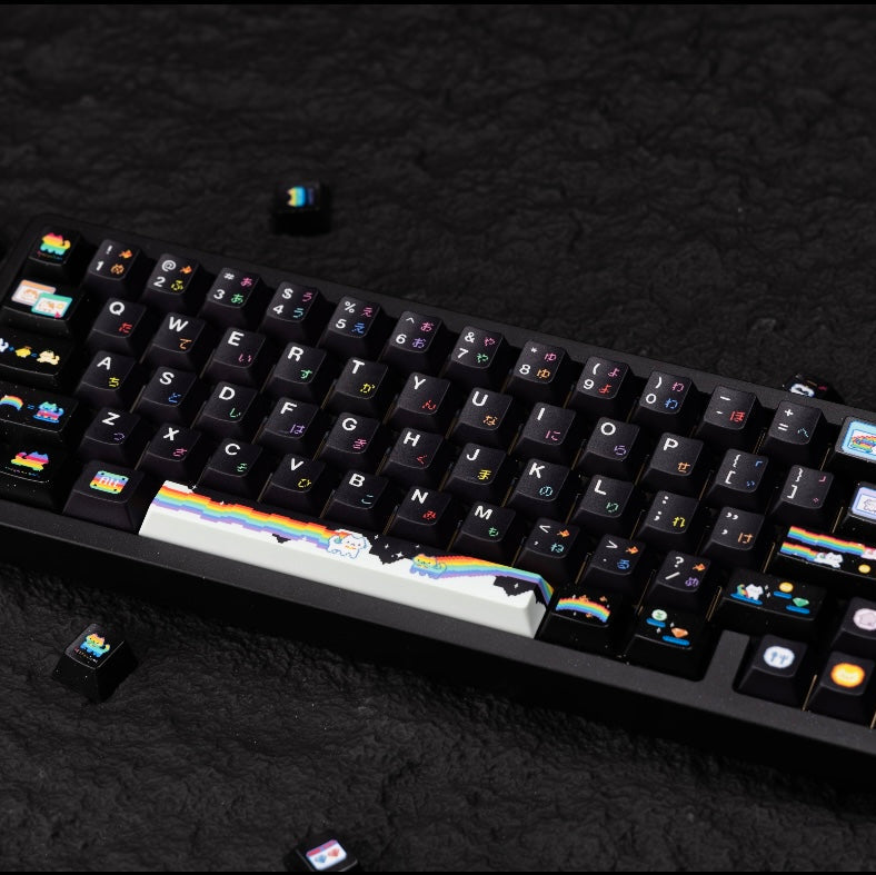 rainbow meow meow keycaps on mechanical keyboard transparent pc foggy rgb glow rainbow cat pastel setup 2025