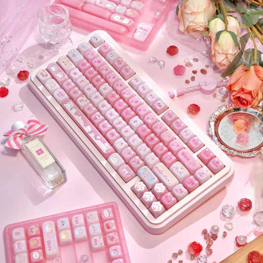 kawaii pudding cat keycaps 2025 mao profile semi-transparent pudding full set cat ears milky pink 140 keys