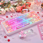 kawaii pudding cat keycaps on mechanical keyboard semi-transparent pudding mao rgb glow pastel pink setup 2025