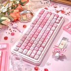 kawaii pudding cat keycaps on mechanical keyboard semi-transparent pudding mao rgb glow pastel pink setup 2025